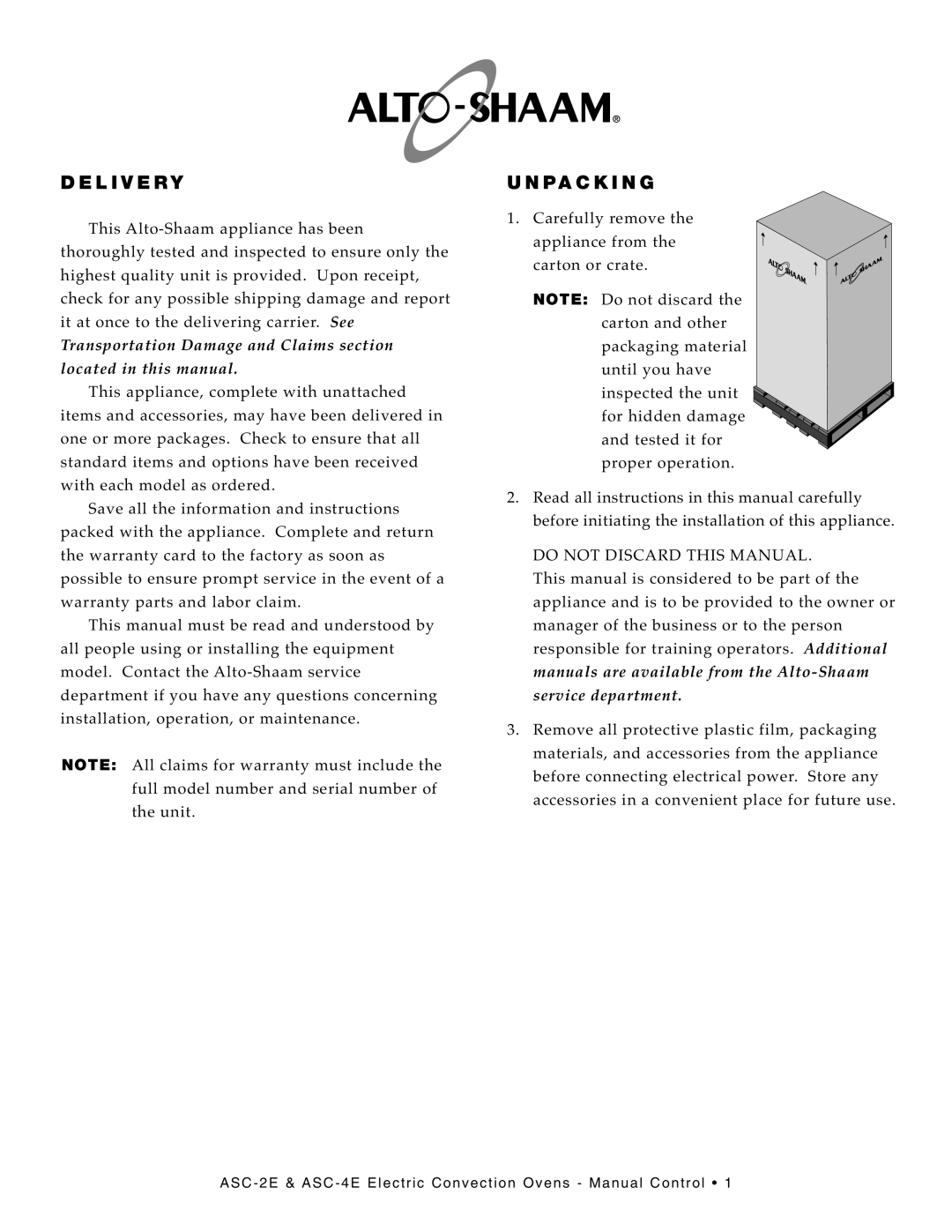 Alto-Shaam ASC-2E, ASC-4E manual DE LI Very, Unpa CK ING 