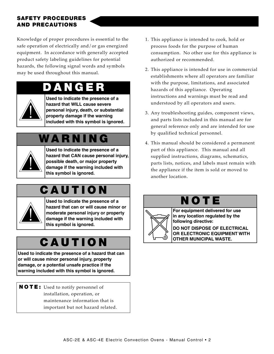 Alto-Shaam ASC-4E, ASC-2E manual Anger, Warn I NG, AUT I on, Safety Proc Edures Preca UTI ONS 