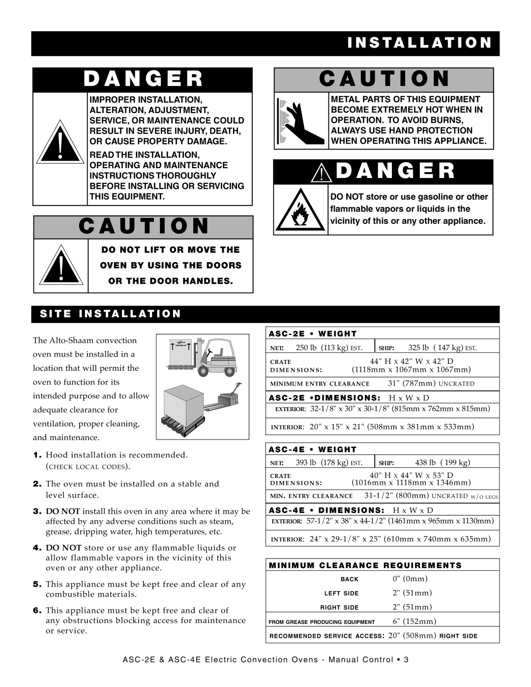 Alto-Shaam ASC-2E, ASC-4E manual AU TI on, Dan Ge R, INS Tallatio N, Site Inst Alla Tion 