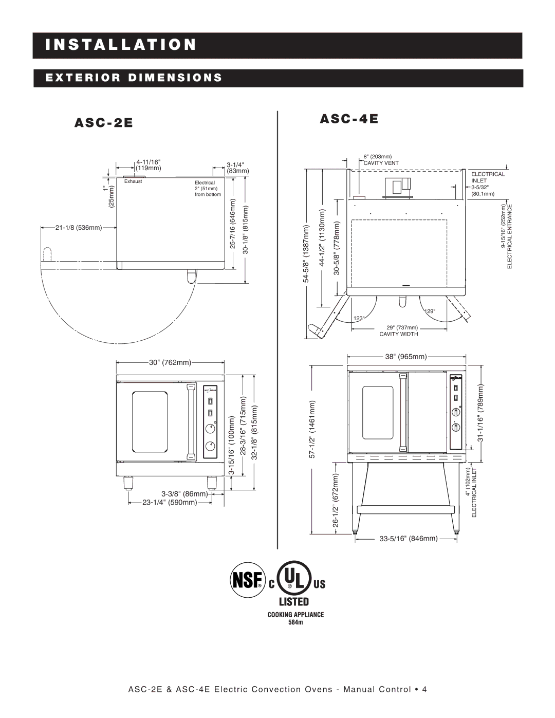 Alto-Shaam ASC-4E, ASC-2E manual Insta Llat I on, EX T ERI or Dimensio NS 