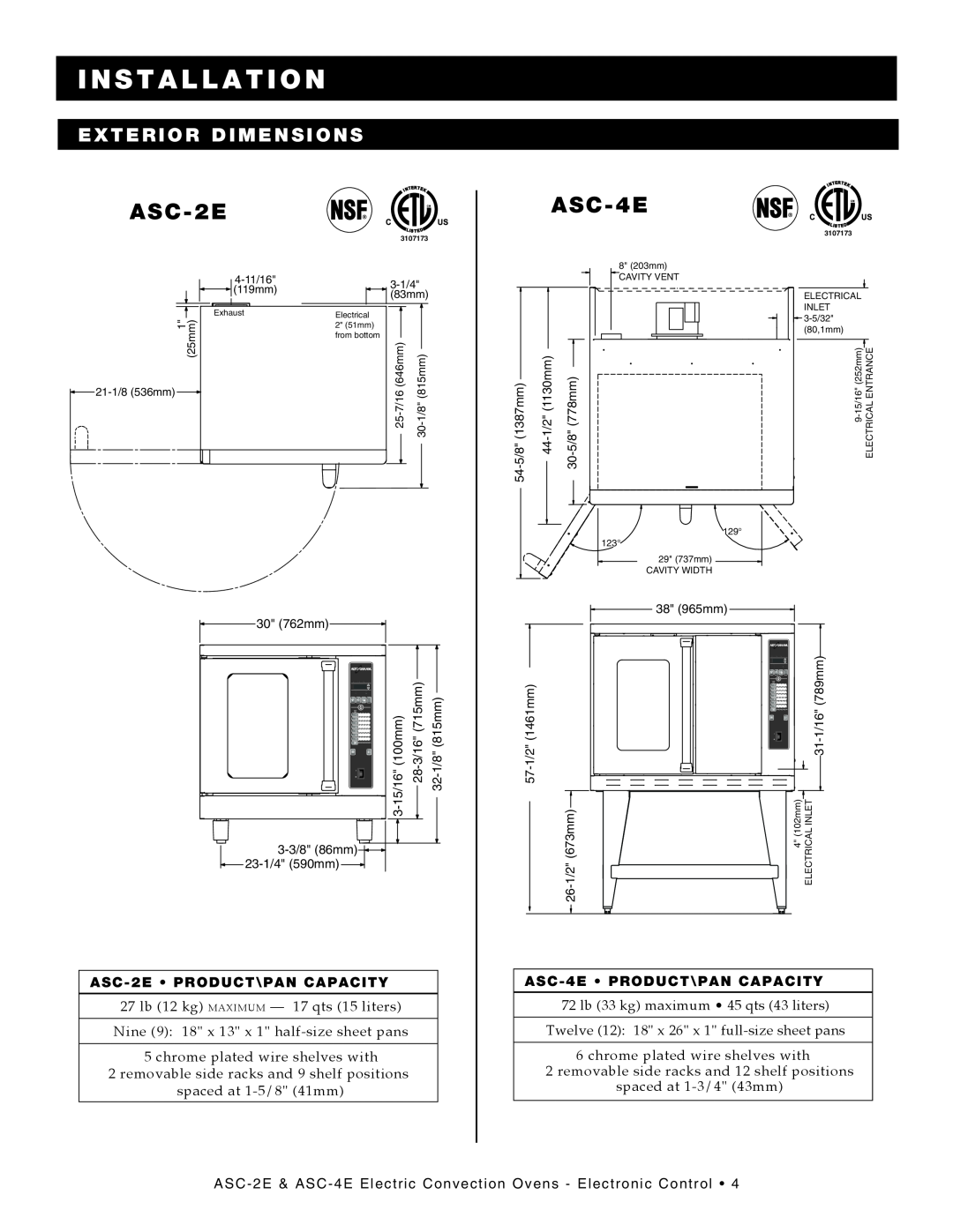 Alto-Shaam ASC-4E Exterior Dimensions, I N S T A L L A T I O N, ASC-2E PRODUCT\PAN CAPACITY, 4-11/16, 3-1/4, 119mm 