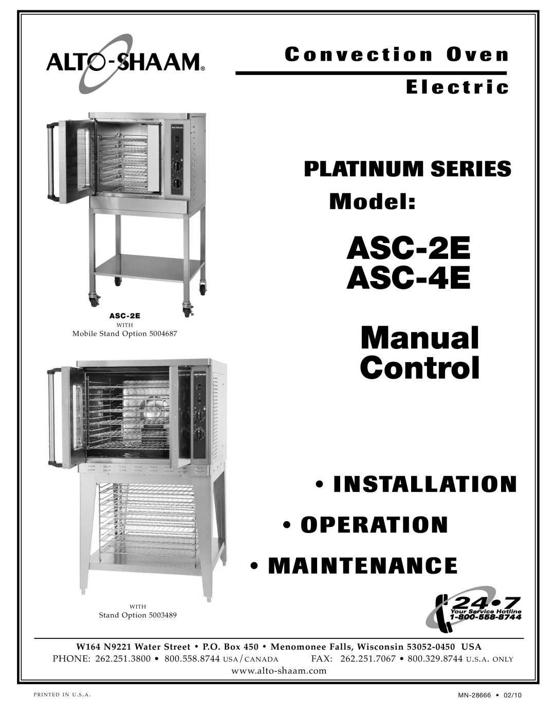 Alto-Shaam Convection Oven manual Model, Installation Operation Maintenance, ASC-2E ASC-4E Manual Control, with 