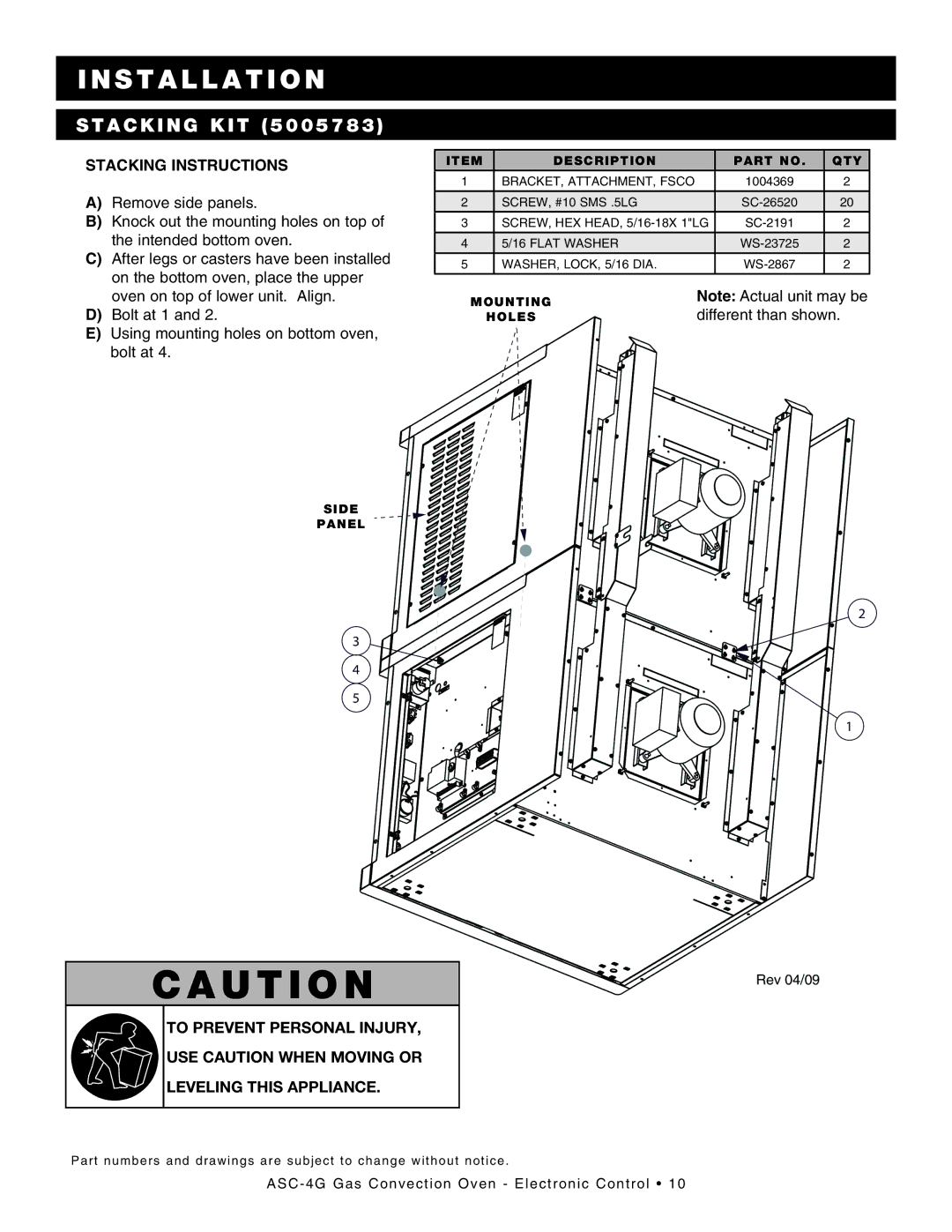 Alto-Shaam ASC-4G manual StACkInG kIt, Stacking Instructions 