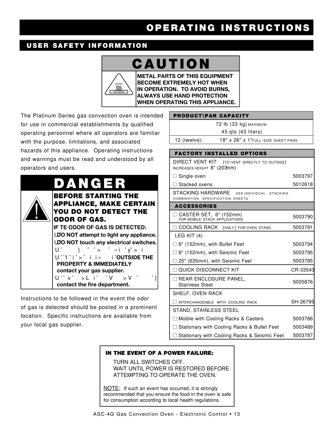 Alto-Shaam ASC-4G manual USER SAfEty InfoRMAtIon, EvEnt of a powER fAIluRE, FACtoRy InStAllED optIonS, ACCESSoRIES 