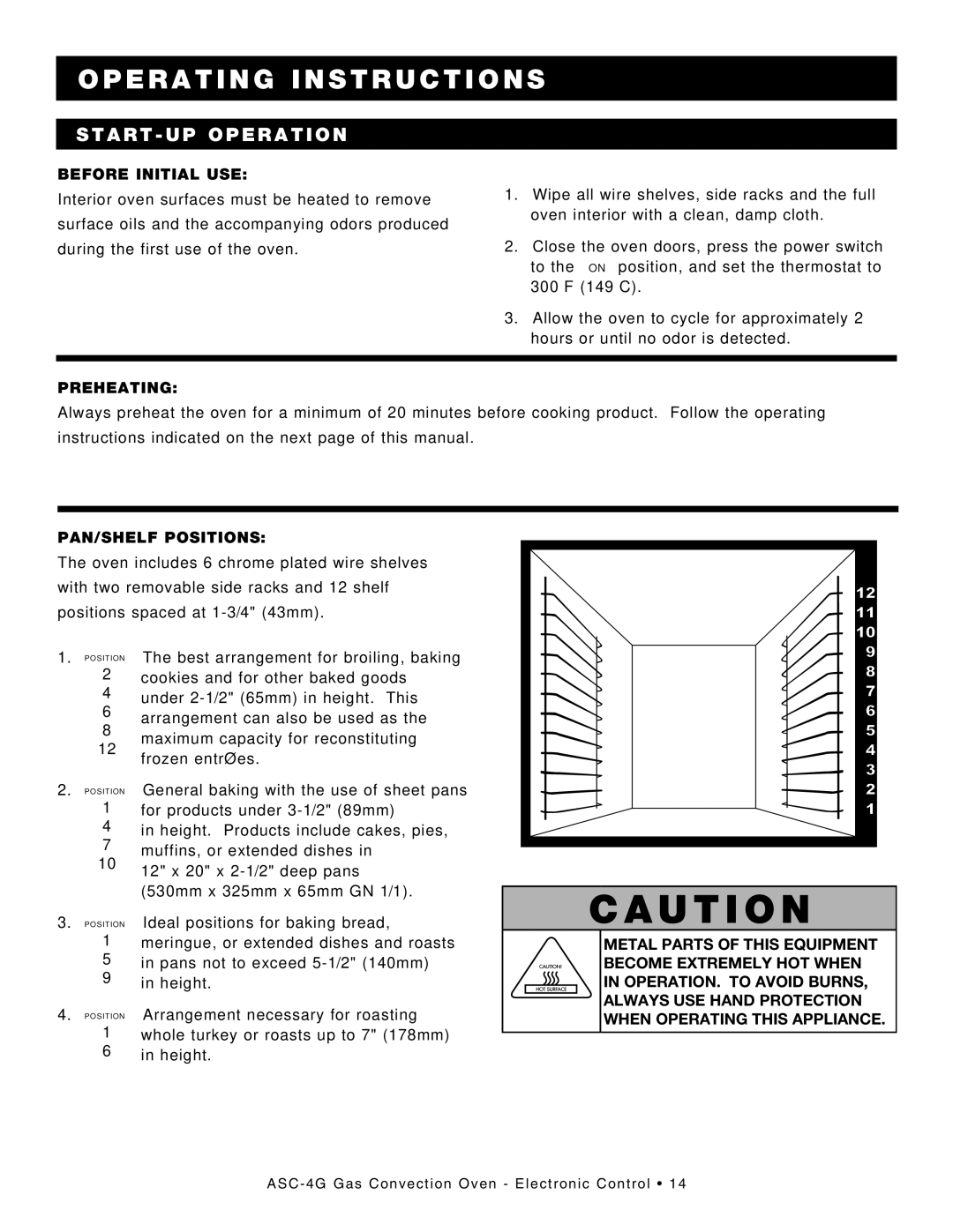 Alto-Shaam ASC-4G manual StARt up opERAtIon, BEfoRE InItIAl uSE, PREhEAtInG, PAn/ShElf poSItIonS 