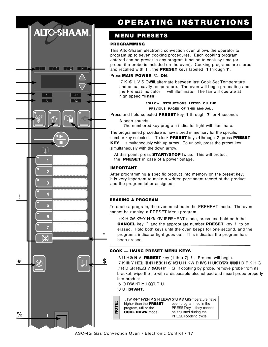 Alto-Shaam ASC-4G manual Menu Presets, Press Main Power R on 