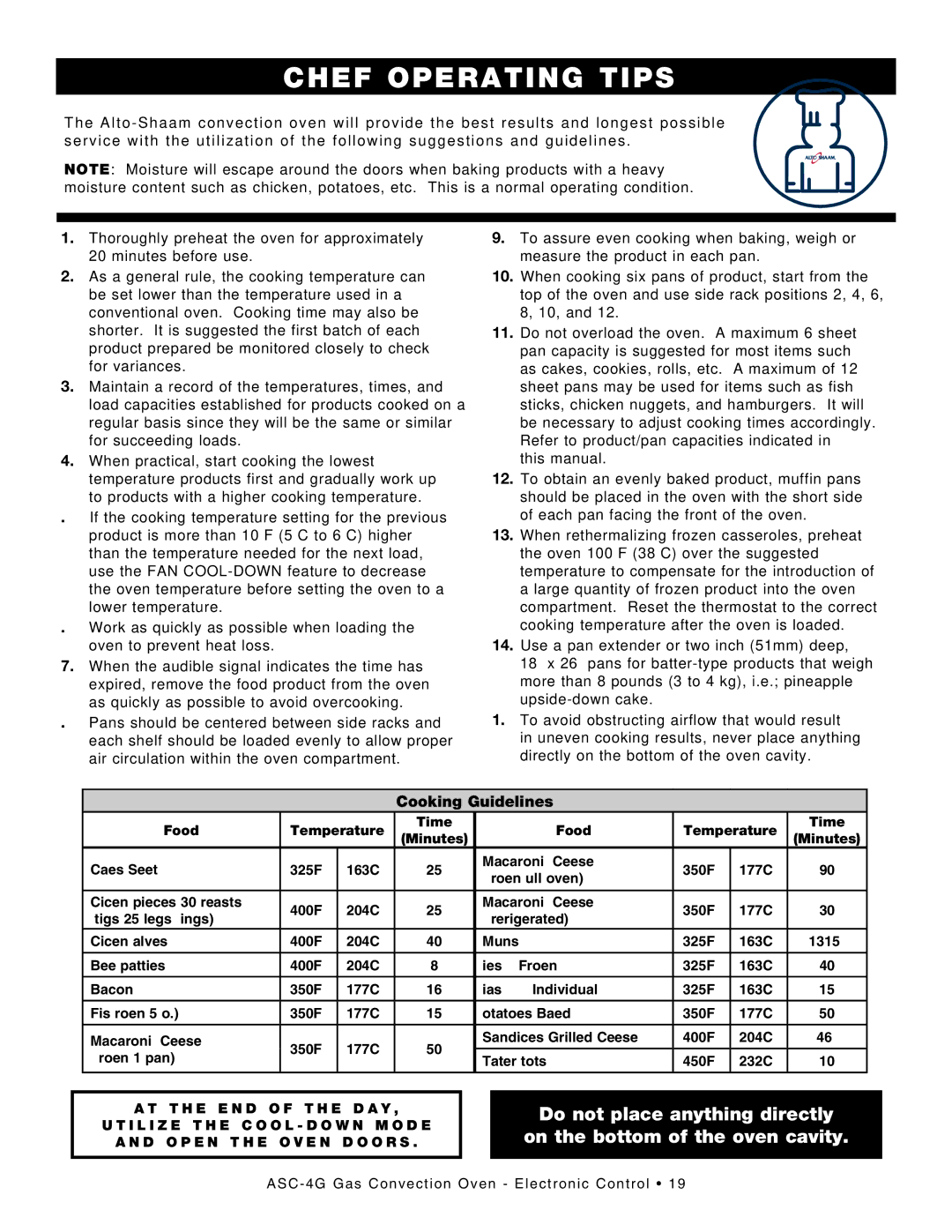 Alto-Shaam ASC-4G manual Cooking Guidelines, Food Temperature Time Minutes 