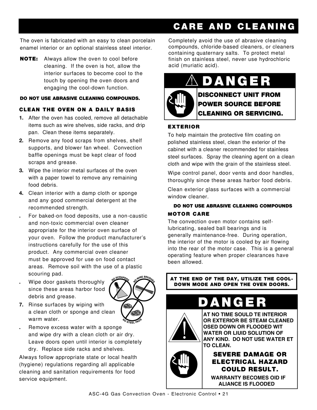 Alto-Shaam ASC-4G manual SEvERE Damage oR ElECtRICAl hAZARD CoulD RESult, Clean the Oven on a Daily Basis 