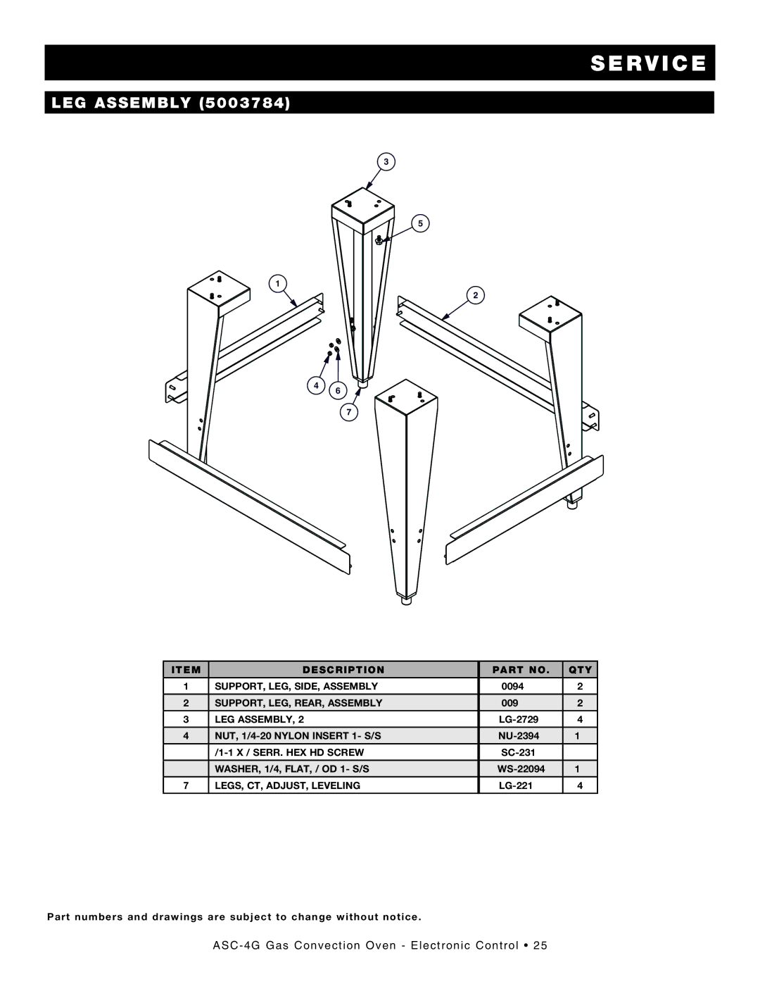 Alto-Shaam ASC-4G manual Leg Assembly 