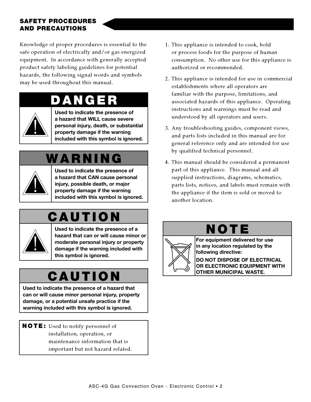 Alto-Shaam ASC-4G manual N G E R, SAfEty pRoCEDuRES PRECAutIonS 