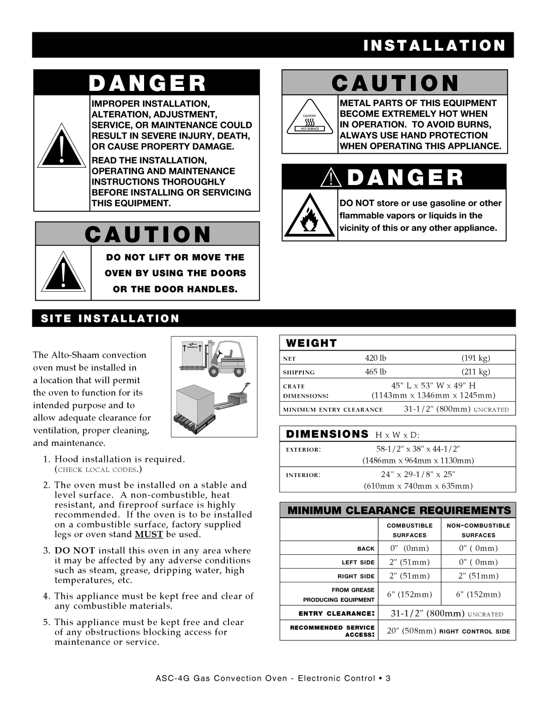 Alto-Shaam ASC-4G manual Nstal latio n, SItE InStAllAtIon, WEIGht, DIMEnSIonS h x W x D, MInIMuM ClEARAnCE REQuIREMEntS 