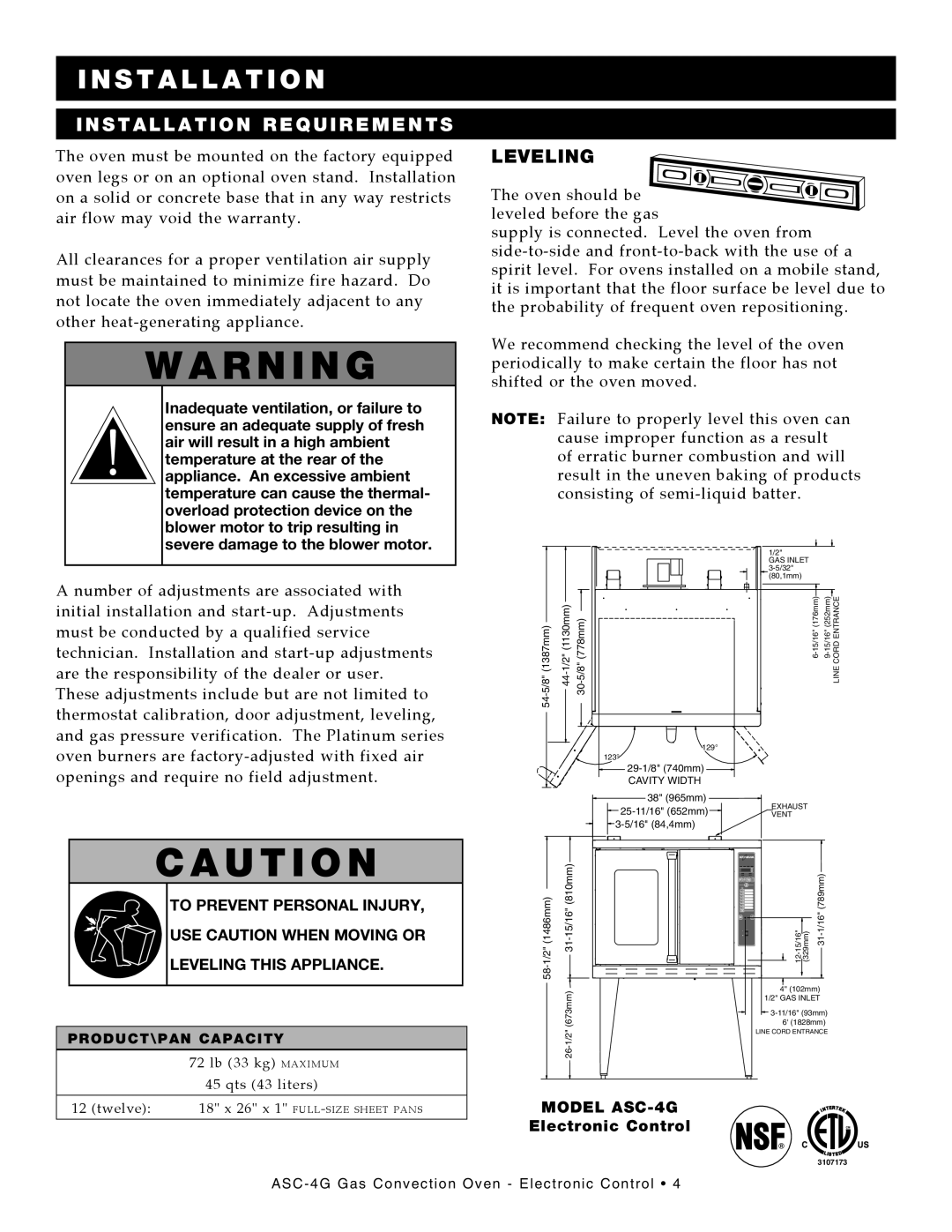 Alto-Shaam ASC-4G manual Installation, InStAllAtIon REQuIREMEntS, LEvElInG, Electronic Control, PRoDuCt\pAn CApACIty 