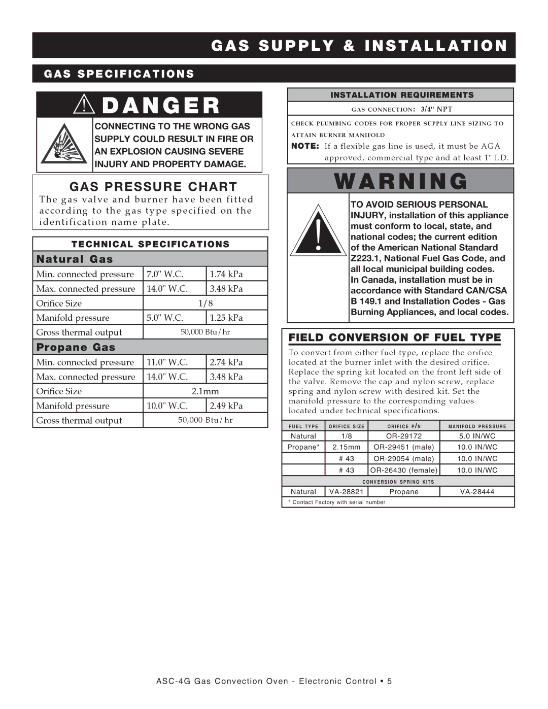 Alto-Shaam ASC-4G Gas Supply & Installation, GAS SpECIfICAtIonS, Natural Gas, Propane Gas, FIElD ConvERSIon of fuEl typE 
