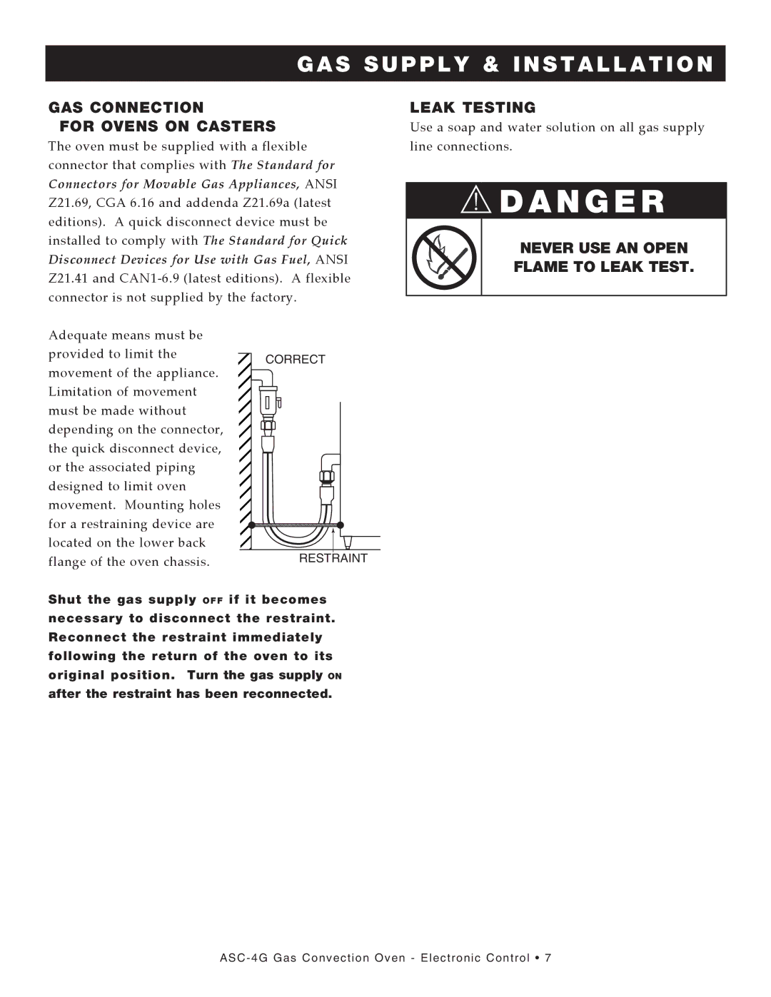 Alto-Shaam ASC-4G manual GAS ConnECtIon FoR ovEnS on CAStERS, LEAk tEStInG, NEvER uSE An opEn flAME to lEAk tESt 