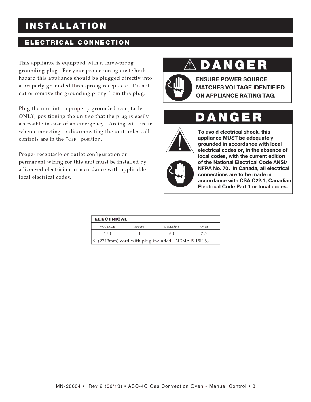 Alto-Shaam ASC-4G manual Electrical Connection 