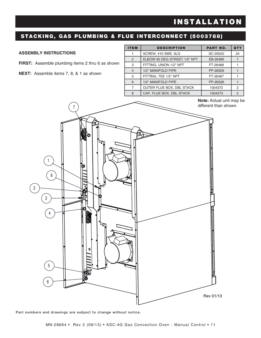 Alto-Shaam ASC-4G manual STACKING, GAS Plumbing & Flue Interconnect, Assembly Instructions 