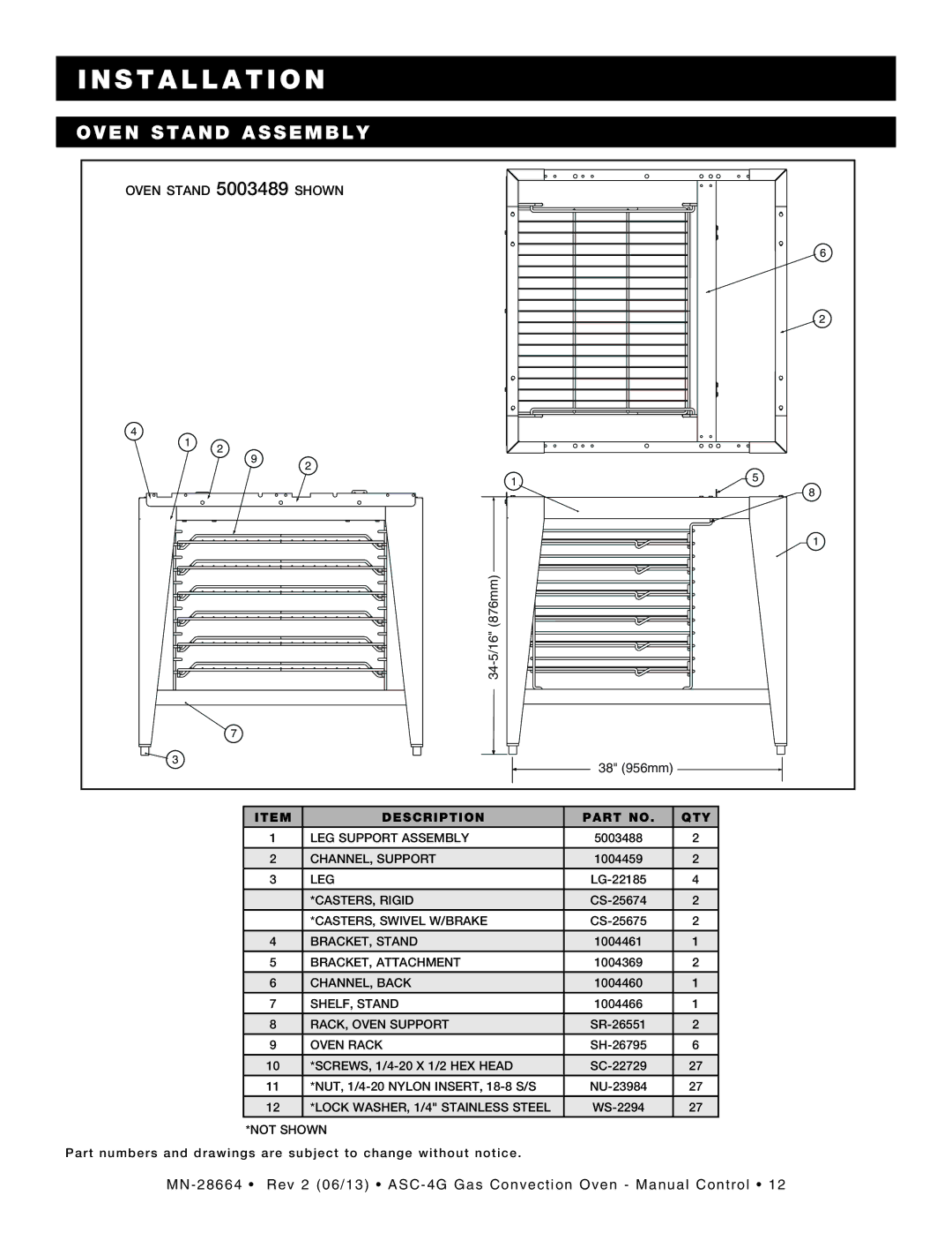 Alto-Shaam ASC-4G manual Oven Stand Assembly, Oven Rack 