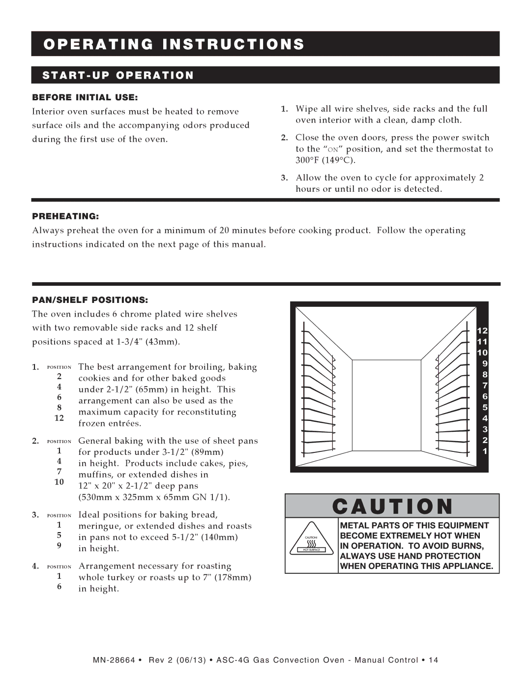 Alto-Shaam ASC-4G manual Start UP Operation, Before Initial USE, Preheating, PAN/SHELF Positions 