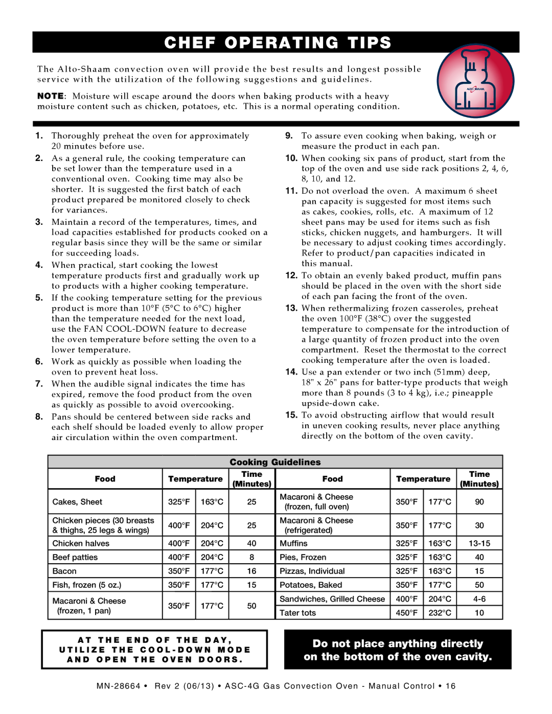 Alto-Shaam ASC-4G manual Chef Operating Tips 