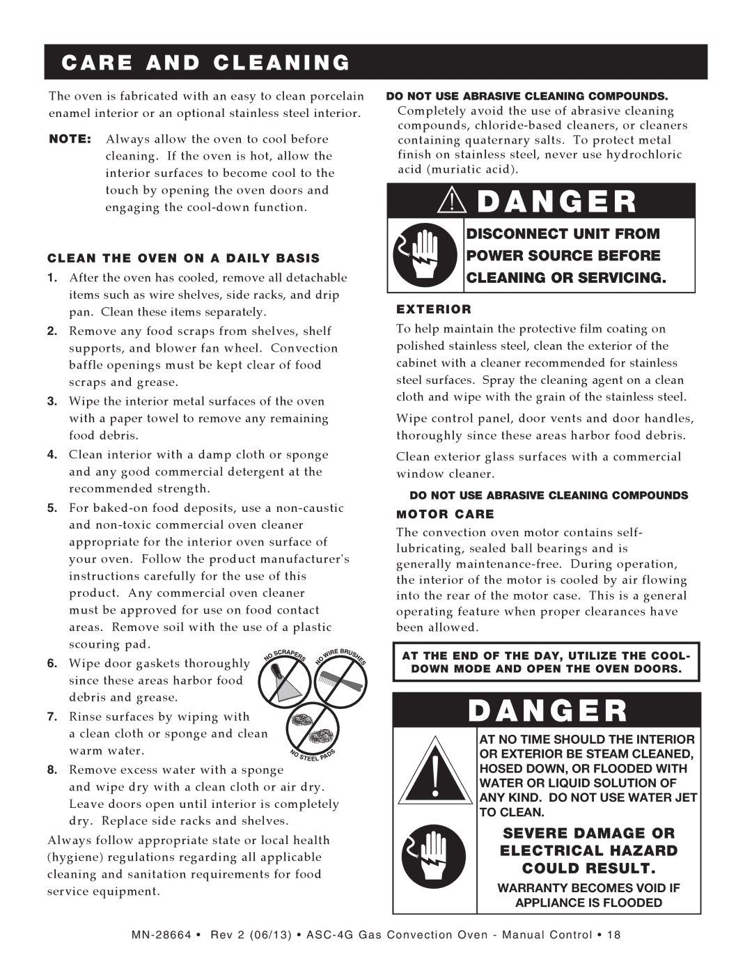 Alto-Shaam ASC-4G Severe Damage or Electrical Hazard Could Result, Clean the Oven on a Daily Basis, Exterior, Motor Care 