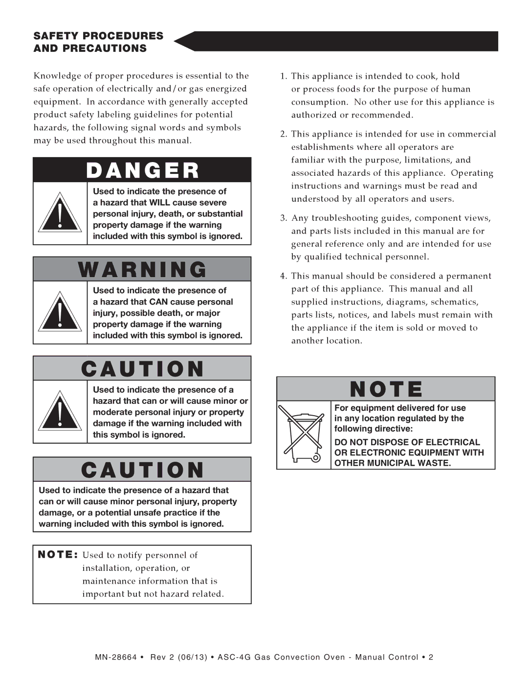 Alto-Shaam ASC-4G manual N G E R, Safety Procedures Precautions 