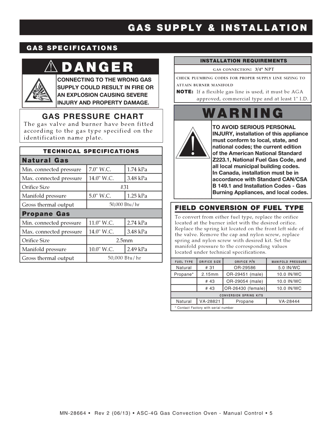 Alto-Shaam ASC-4G manual GAS Specifications, Field Conversion of Fuel Type, Technical Specifications 