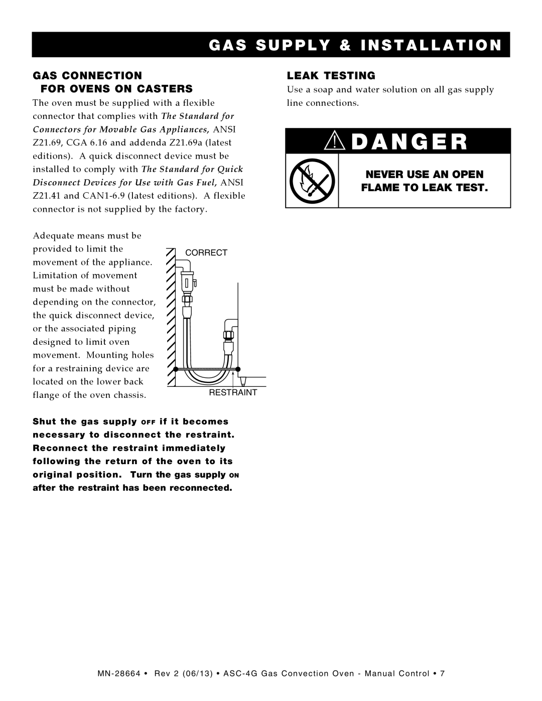 Alto-Shaam ASC-4G manual GAS Connection For Ovens on Casters, Leak Testing, Never USE AN Open Flame to Leak Test 