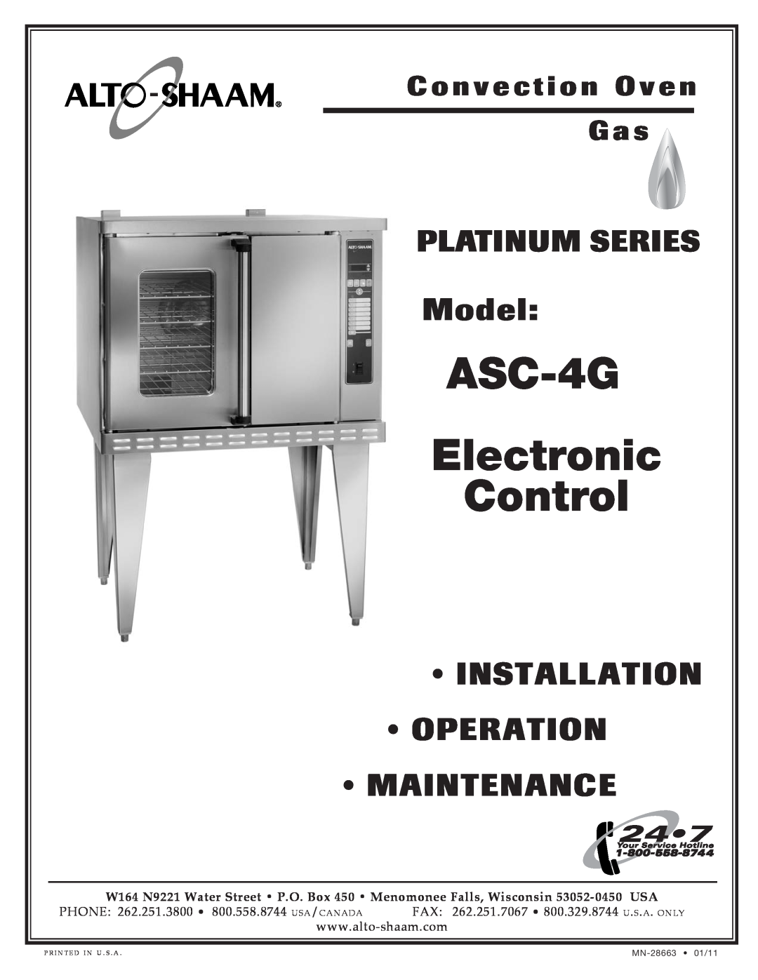 Alto-Shaam ASC-4G manual Model, Installation, Operation, Maintenance, PHONE 262.251.3800 800.558.8744 USA / CANADA, G a s 