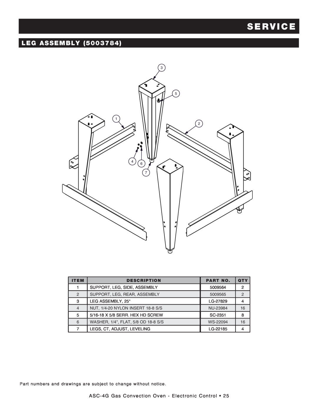 Alto-Shaam manual Leg Assembly, s e rvi c e, ASC-4G Gas Convection Oven - Electronic Control, Description 