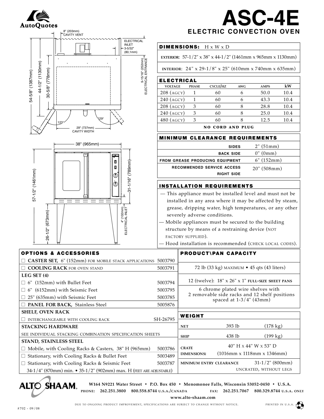 Alto-Shaam ASE-4E EL ECT RIC Convection OVE N, Leg Set, SHELF, Oven Rack, Stacking Hardware, STAND, Stainless Steel 