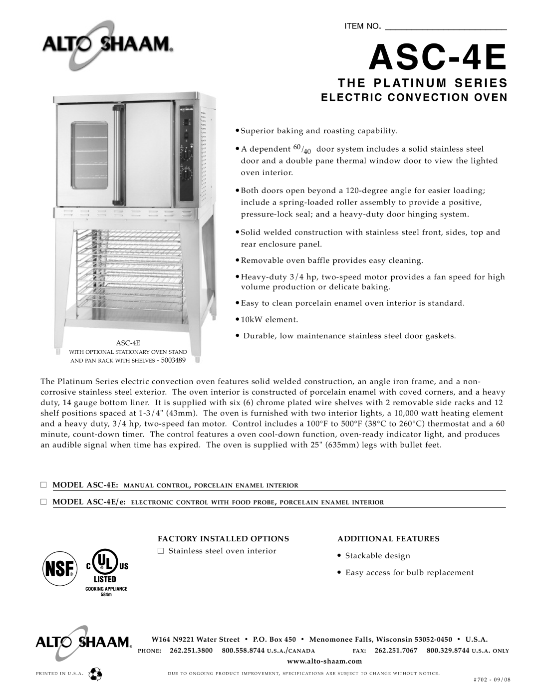 Alto-Shaam ASE-4E specifications ASC-4E, El Ectric Convection Oven, Factory Installed Options, Additional F Eatures 