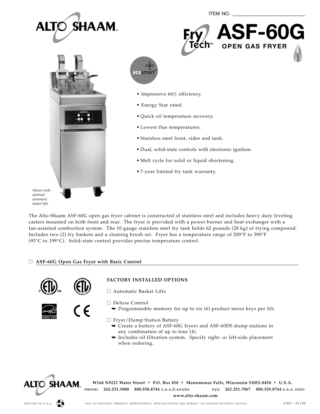 Alto-Shaam ASF-60G specifications Open G AS FR YER 