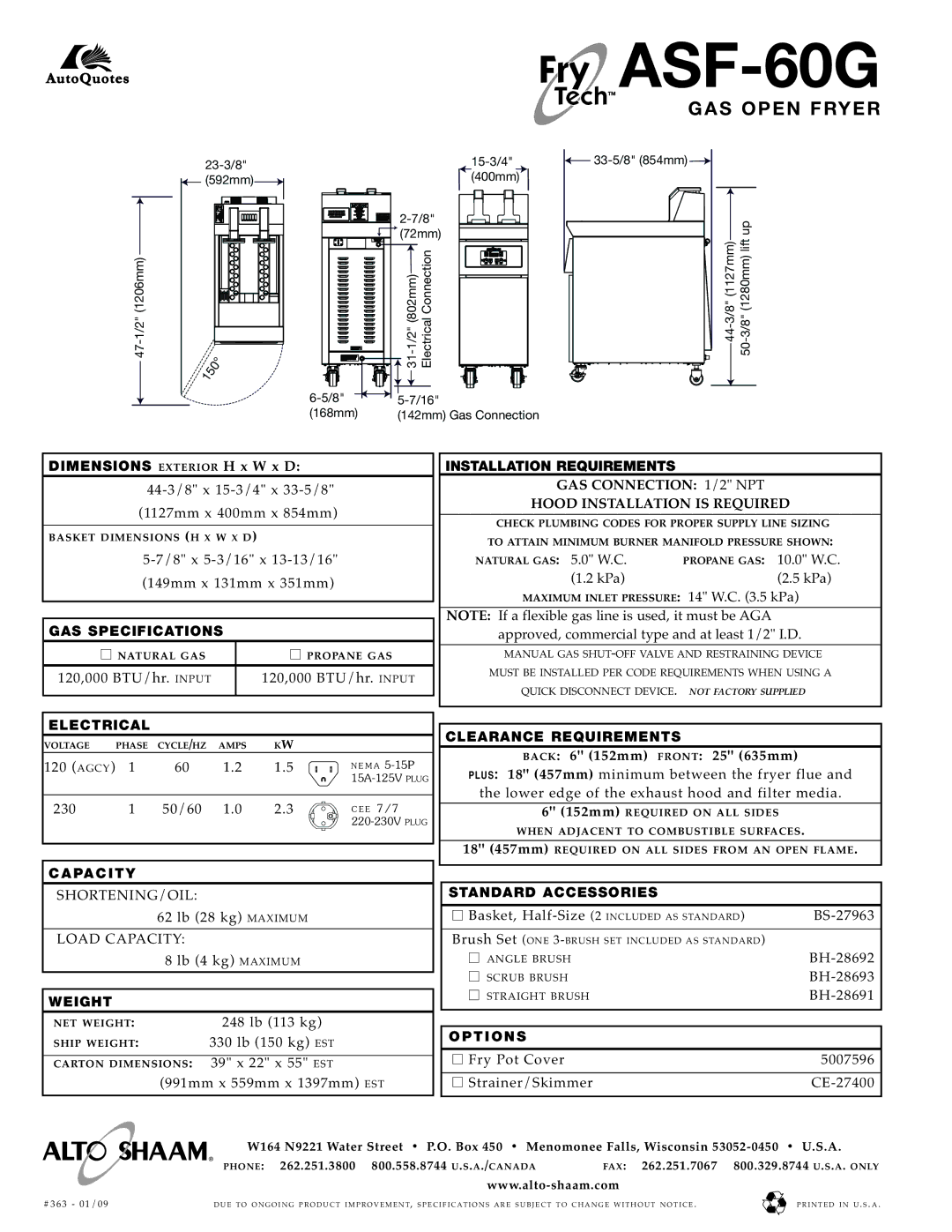 Alto-Shaam specifications Fry ASF-60G, GA S Open FR YER 