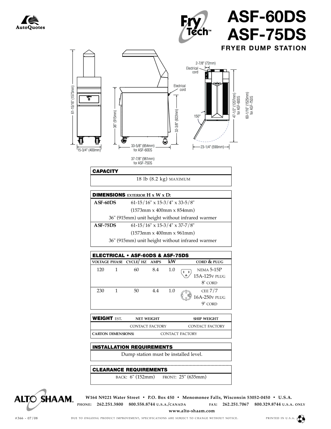 Alto-Shaam ASF-75DS specifications ASF-60DS 