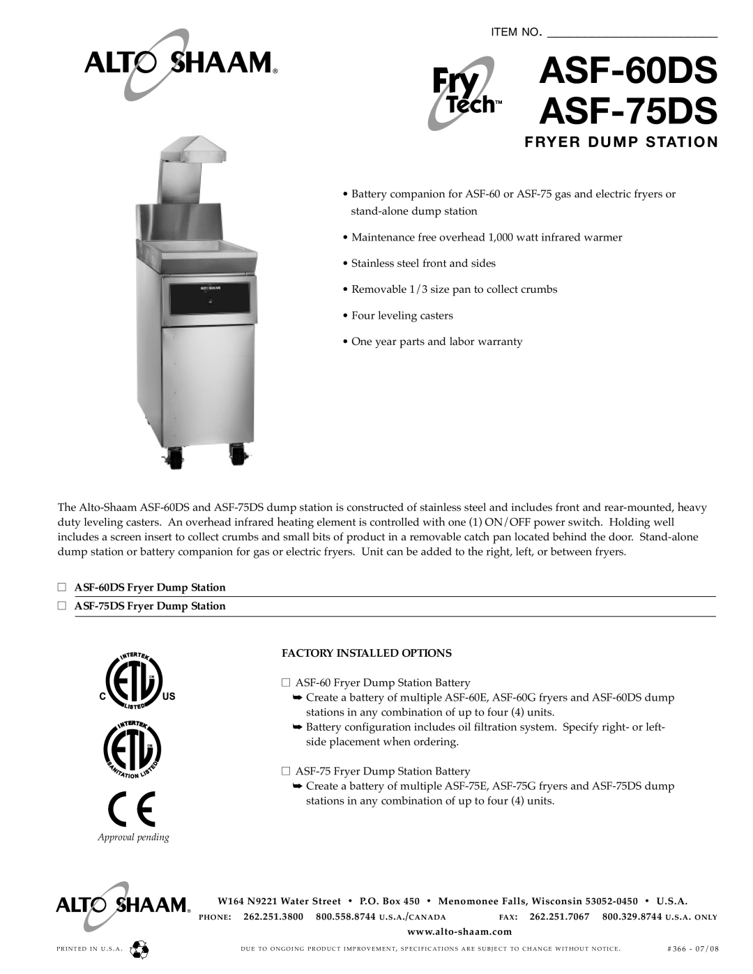 Alto-Shaam specifications ASF-60DS ASF-75DS, Fryer Dump Stati On, ASF-60DSFryer Dump Station ASF-75DSFryer Dump Station 