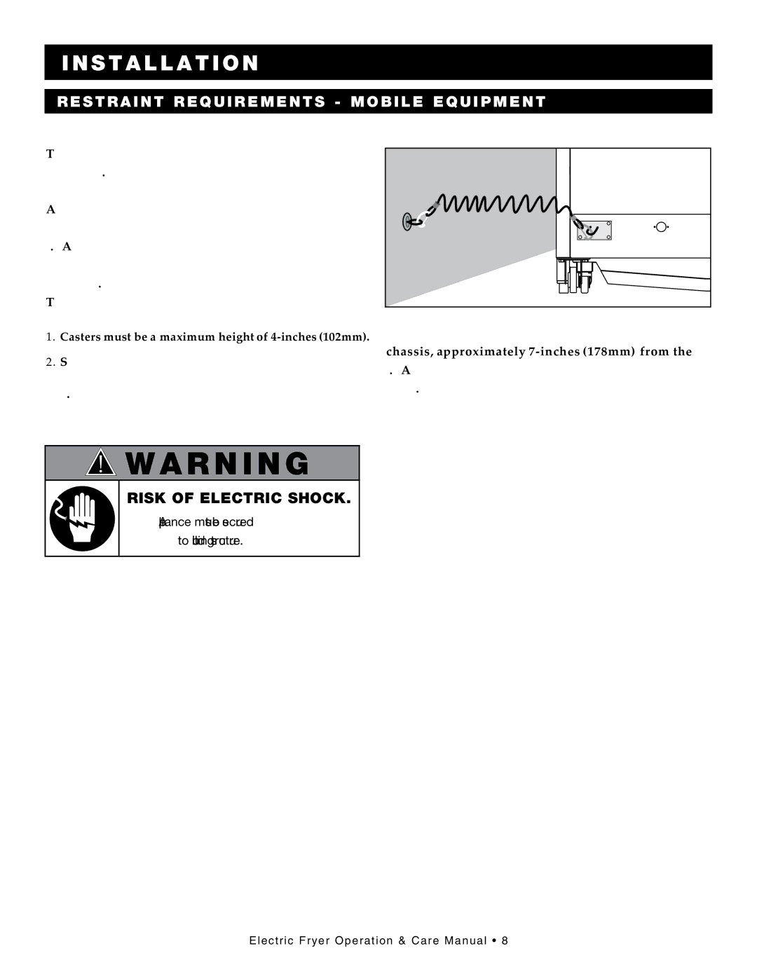 Alto-Shaam Electric Fryer, ASF-75E, ASF-60E manual S t r a i n t requirements mobile equipment, Risk of Electric Shock 