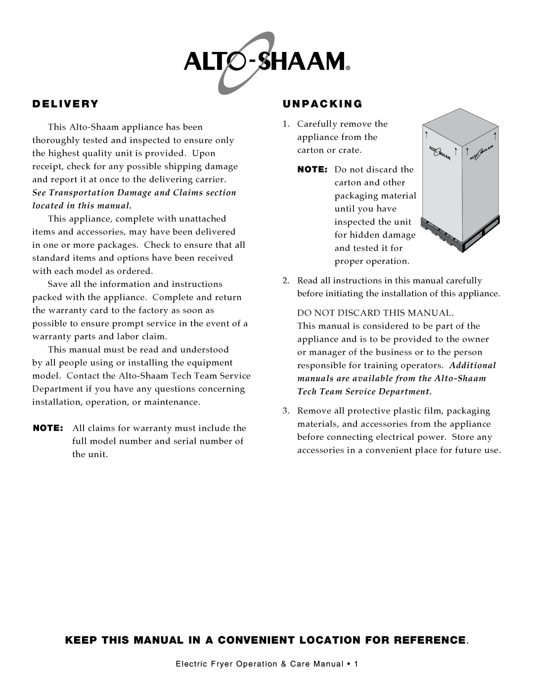 Alto-Shaam ASF-75E, Electric Fryer L I V E R y, P a C K I N g, Keep this Manual in a Convenient Location for Reference 