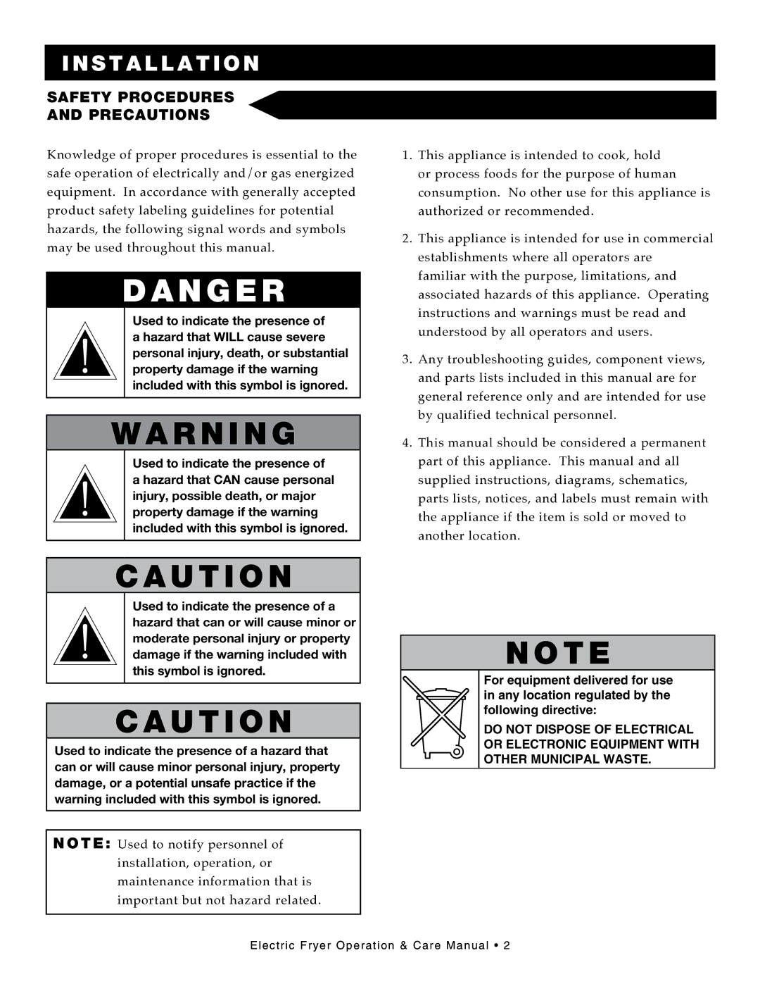 Alto-Shaam Electric Fryer, ASF-75E, ASF-60E manual Installation, SAFETy Procedures, Precautions 