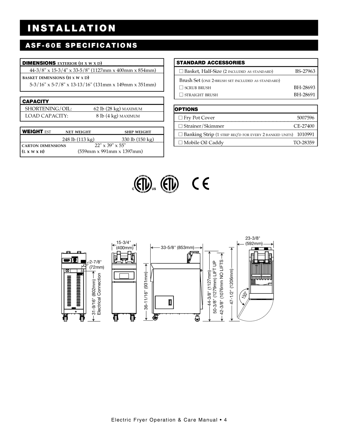 Alto-Shaam ASF-75E, Electric Fryer, ASF-60E manual ASF 60E Specifications, Shortening/Oil 