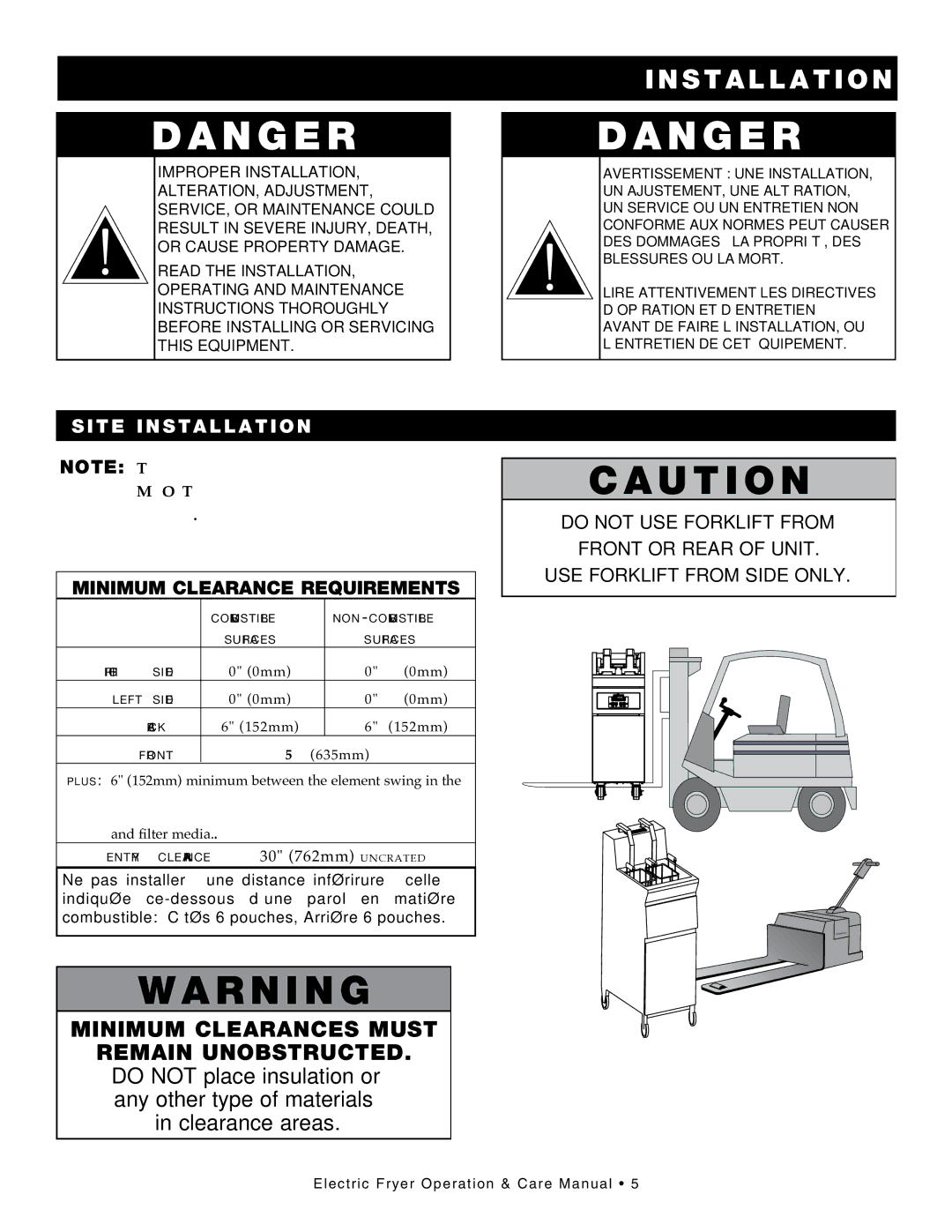 Alto-Shaam Electric Fryer, ASF-75E, ASF-60E Minimum Clearance Requirements, Do not USE Forklift from Front or Rear of Unit 