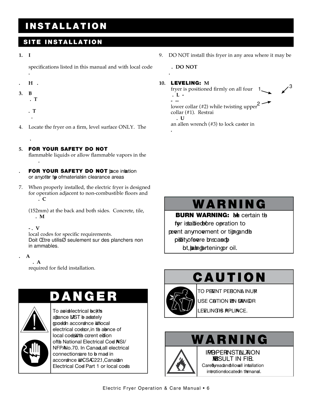 Alto-Shaam ASF-60E, ASF-75E manual Improper Installation, MAy Result in Fire, Fryer is positioned firmly on all four 