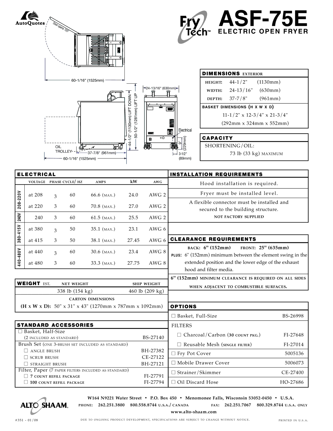 Alto-Shaam ASF-75E specifications Tech EL Ectric Open FR YER 