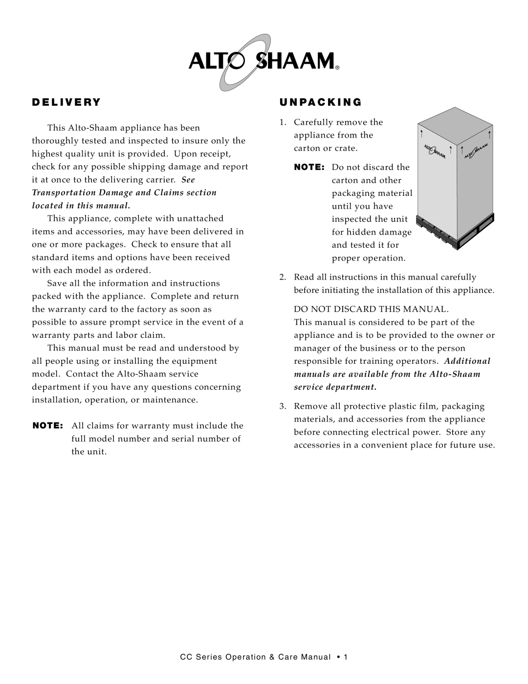 Alto-Shaam CC-72, CC-48 manual Deli Very, Unpack I NG 