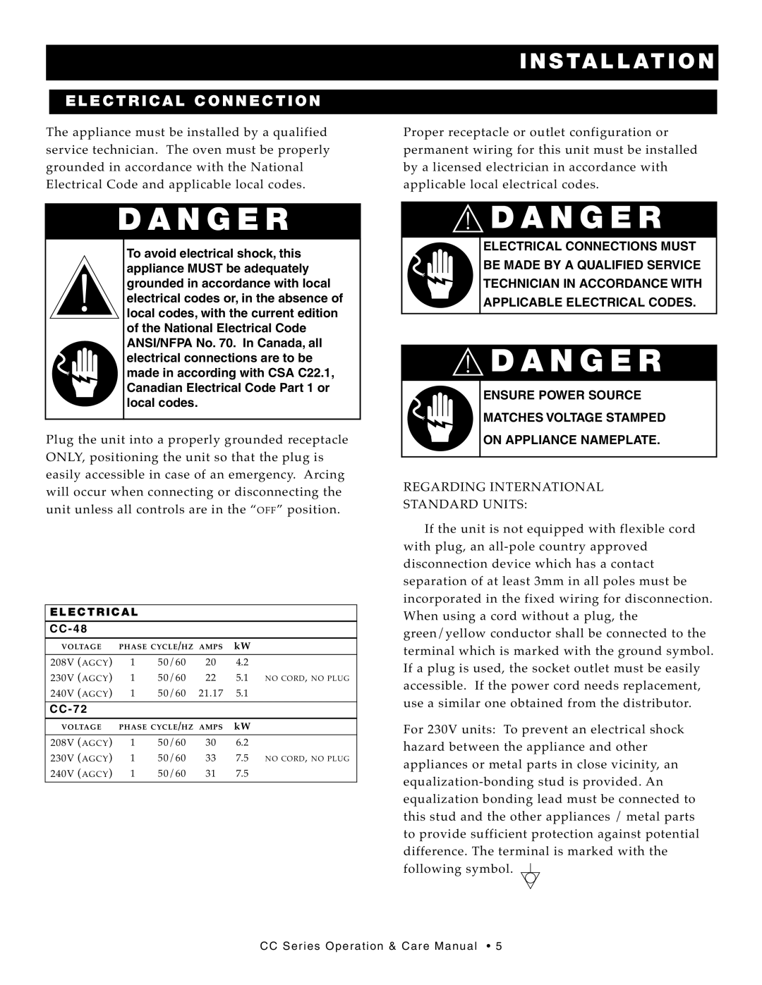 Alto-Shaam CC-72, CC-48 manual An Ger, EL Ectric AL Conne CT ION 