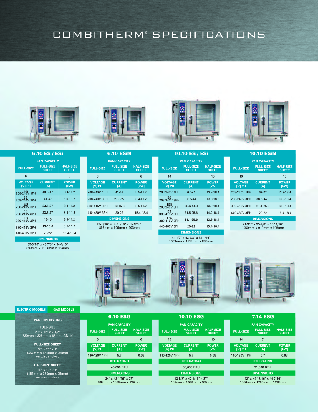 Alto-Shaam Combi Oven Combitherm Specifications, 6.10 ES / ESi, ESiN, 10.10 ES / ESi, 6.10 ESG, 10.10 ESG, 7.14 ESG, 18 x 