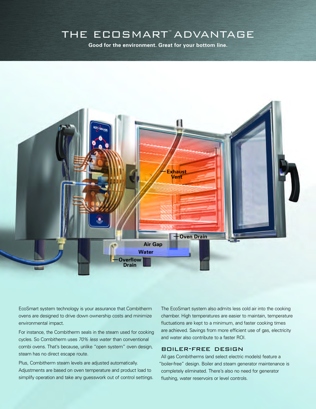 Alto-Shaam Combi Oven manual The Ecosmart Advantage, boiler-freedesign, Exhaust Vent Oven Drain Air Gap Water Overflow 