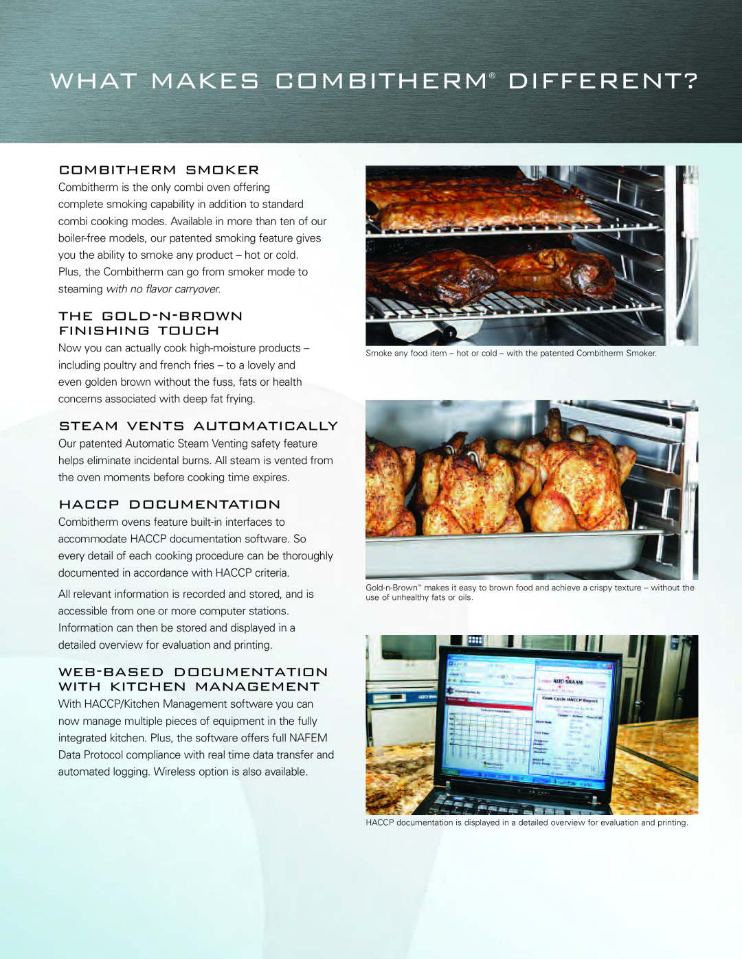 Alto-Shaam Combi Oven manual What Makes Combitherm Different?, combitherm smoker, the gold-n-brownfinishing touch 