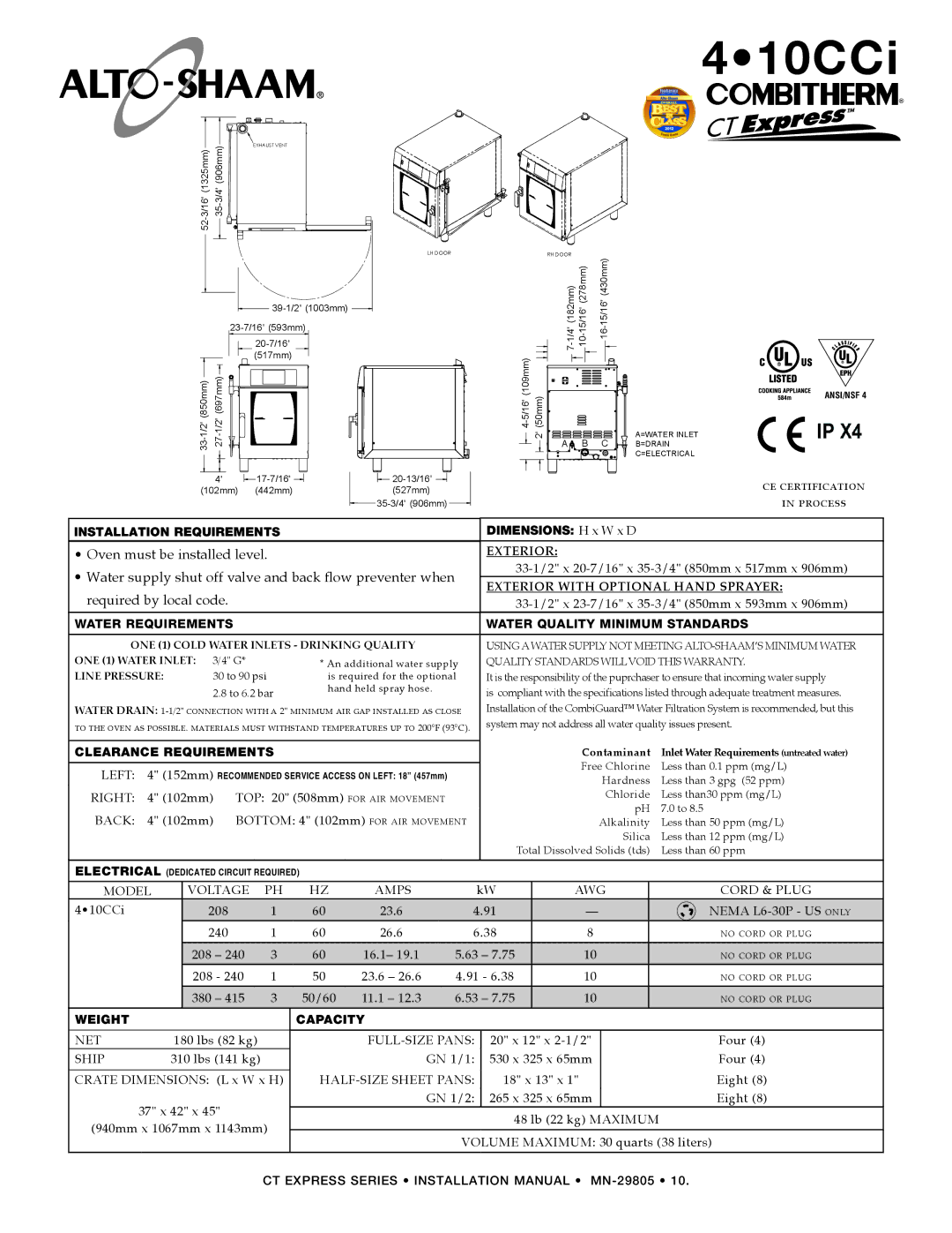 Alto-Shaam Combination Oven/Steamer manual 410cci, Water Requirements 