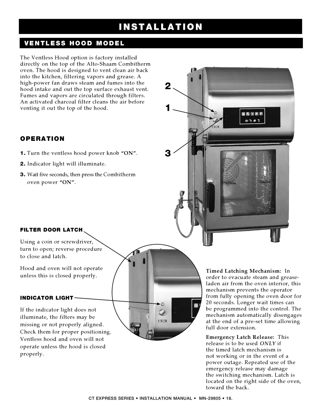 Alto-Shaam Combination Oven/Steamer manual Ventless Hood Model, Operation, Filter Door Latch, Indicator Light 