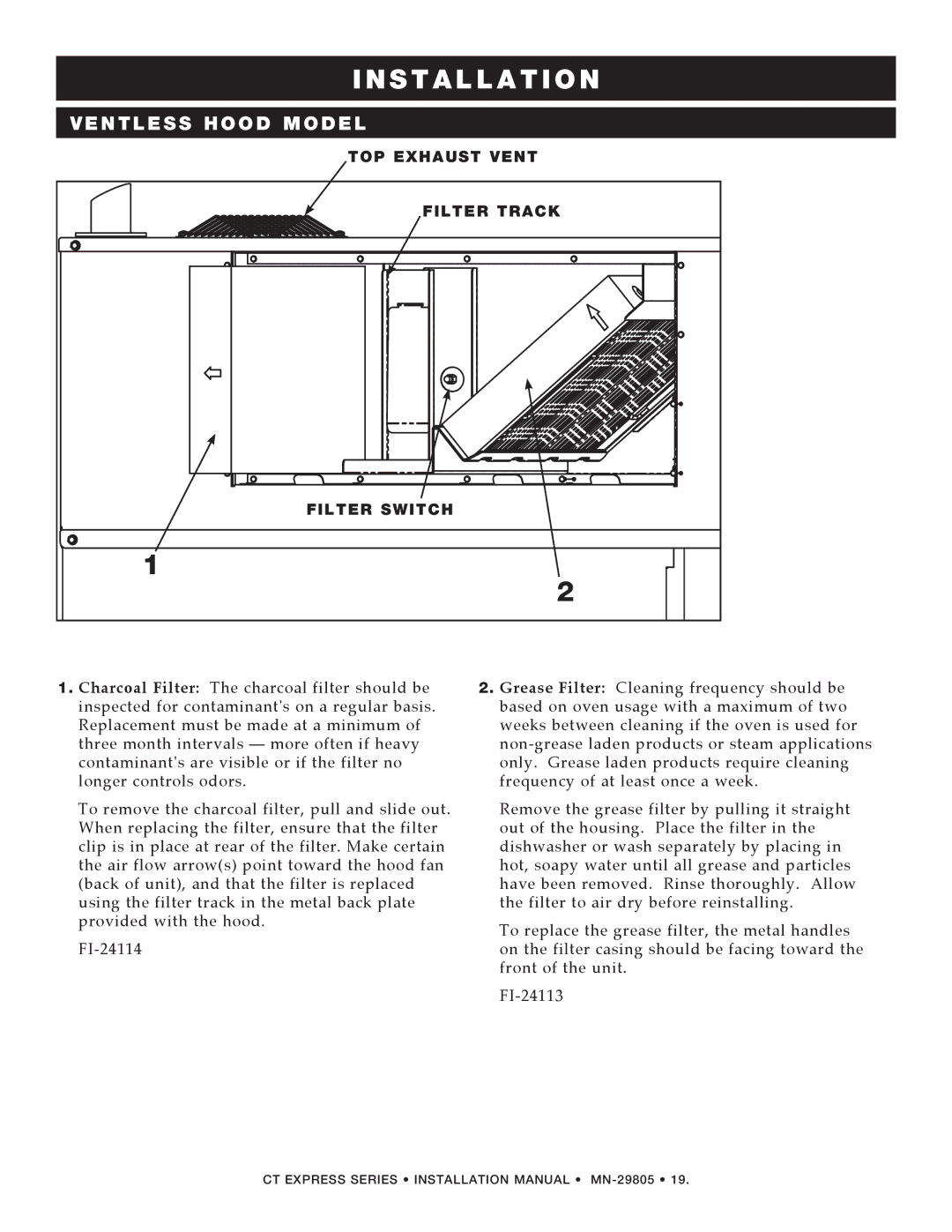 Alto-Shaam Combination Oven/Steamer manual TOP Exhaust Vent, Filter Track, Filter Switch 